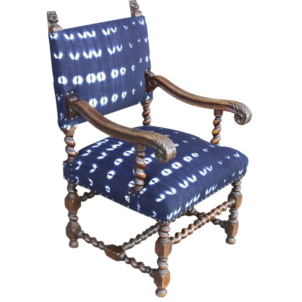 French Oak Indigo Mud Cloth Chair
