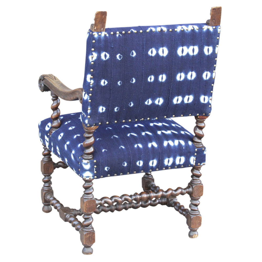 French Oak Indigo Mud Cloth Chair