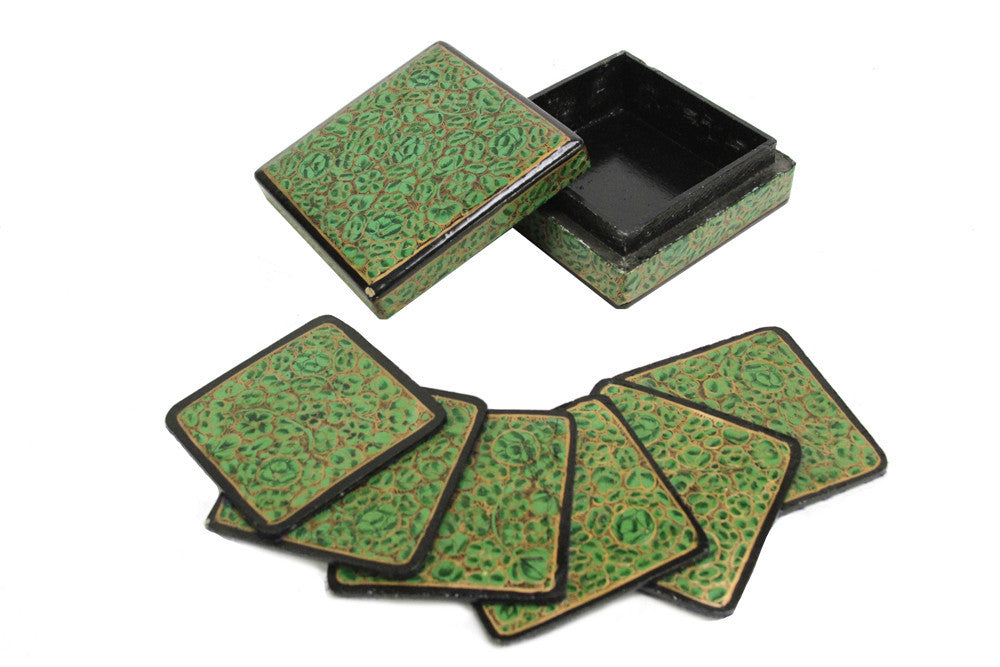 Jade Kashmiri Hand Painted Coaster Set W/ Box
