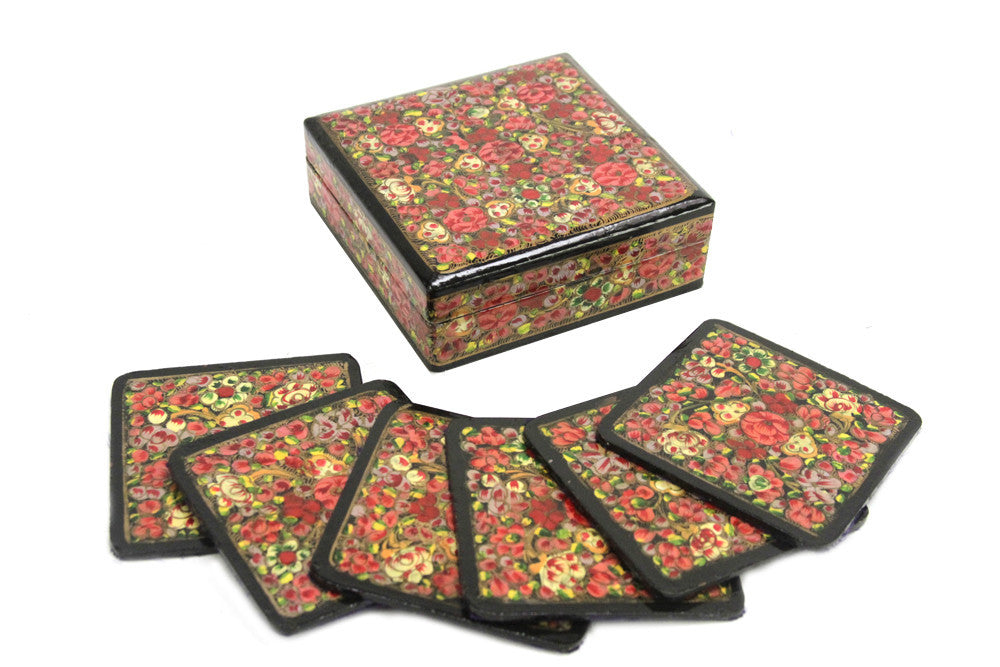Multicolor Kashmiri Hand Painted Coaster Set W/ Box