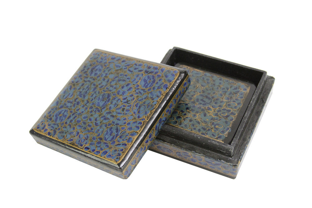 Royal Blue Kashmiri Hand Painted Coaster Set W/ Box
