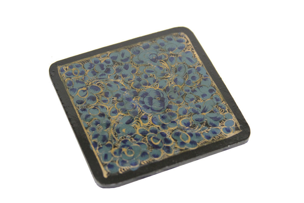 Royal Blue Kashmiri Hand Painted Coaster Set W/ Box