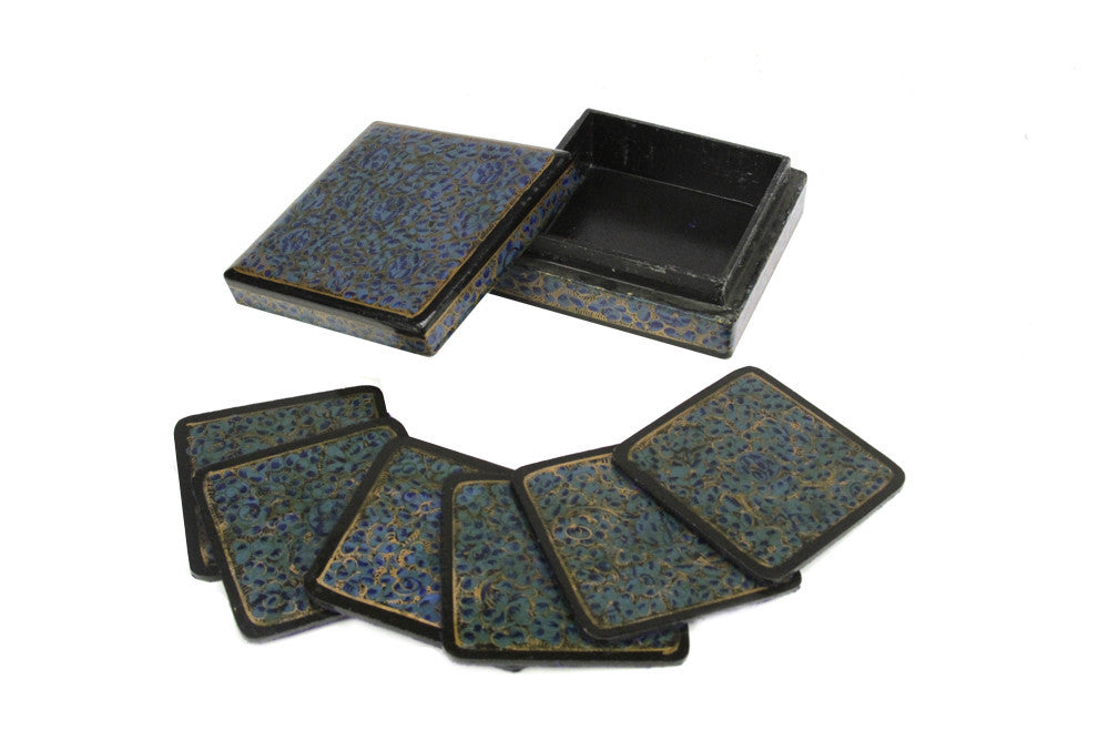 Royal Blue Kashmiri Hand Painted Coaster Set W/ Box