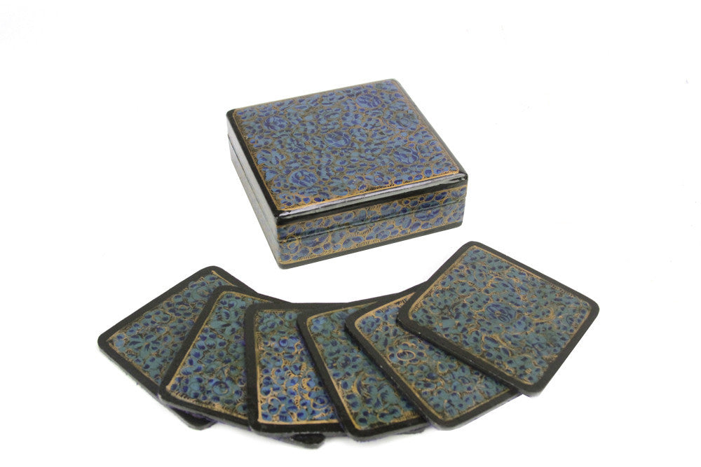 Royal Blue Kashmiri Hand Painted Coaster Set W/ Box