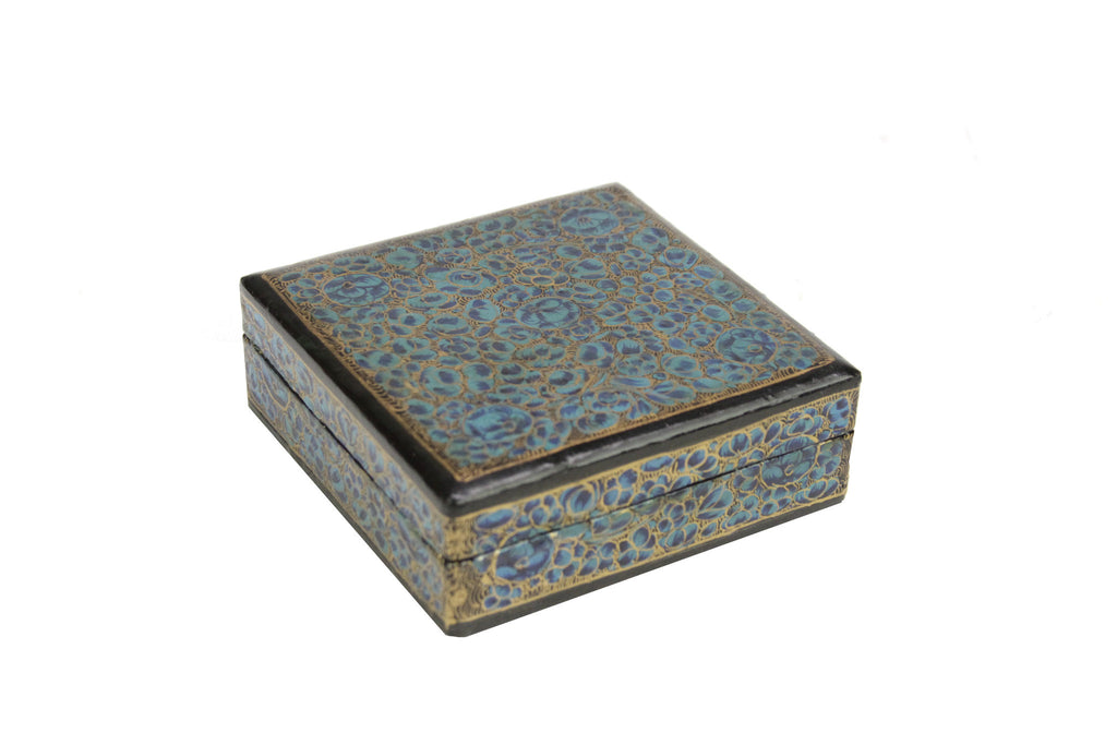 Turquoise Kashmiri Hand Painted Coaster Set W/ Box