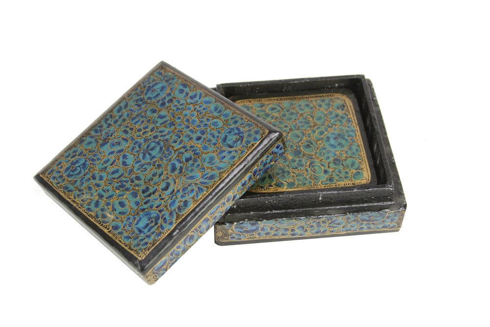 Turquoise Kashmiri Hand Painted Coaster Set W/ Box