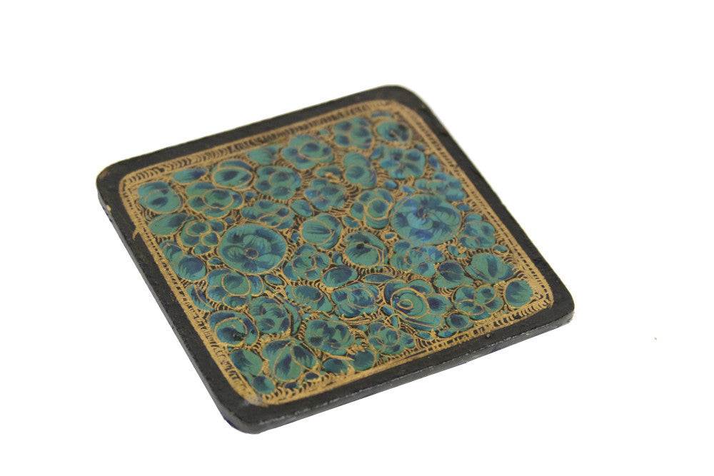 Turquoise Kashmiri Hand Painted Coaster Set W/ Box