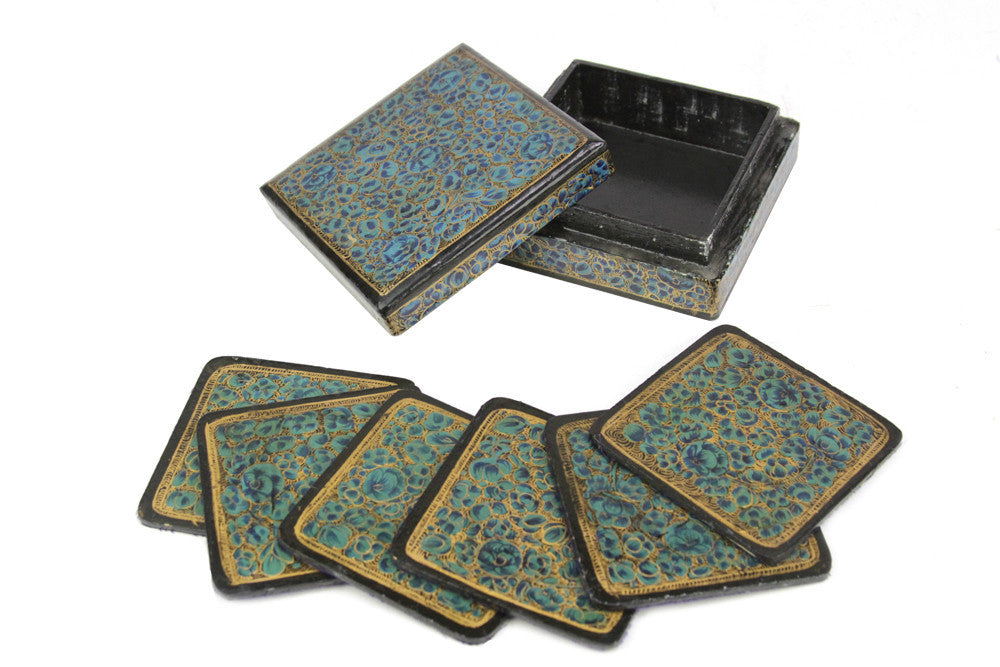 Turquoise Kashmiri Hand Painted Coaster Set W/ Box