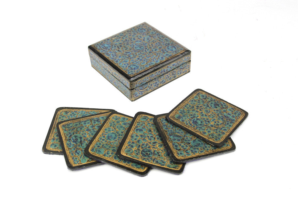Turquoise Kashmiri Hand Painted Coaster Set W/ Box