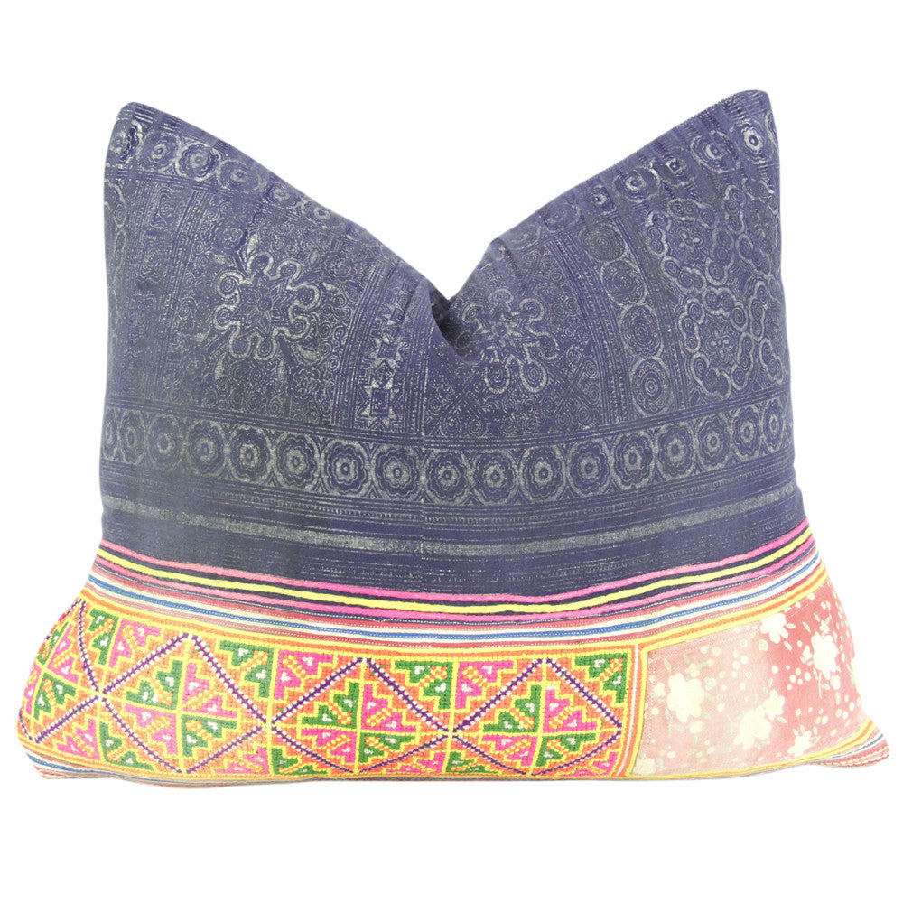 Navy Square Hmong Hill Tribe Pillow I