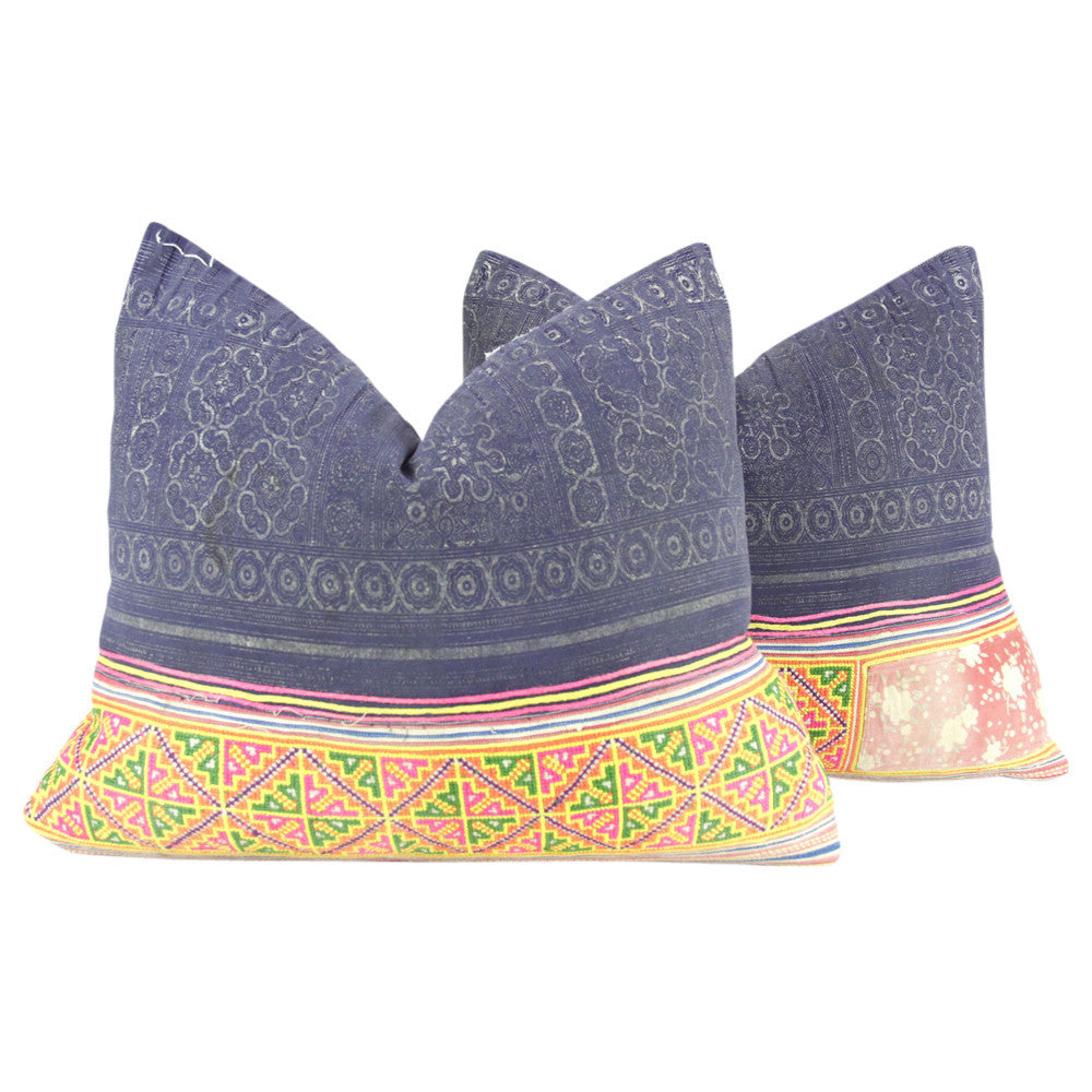 Navy Square Hmong Hill Tribe Pillow I