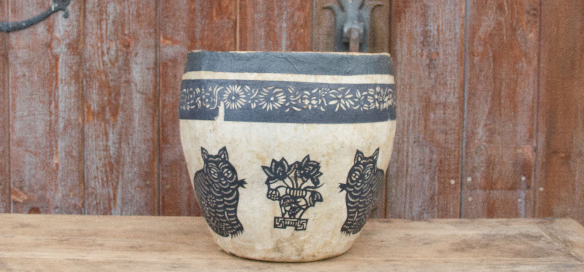 Floral and Cats Paper Mache Applique Basket