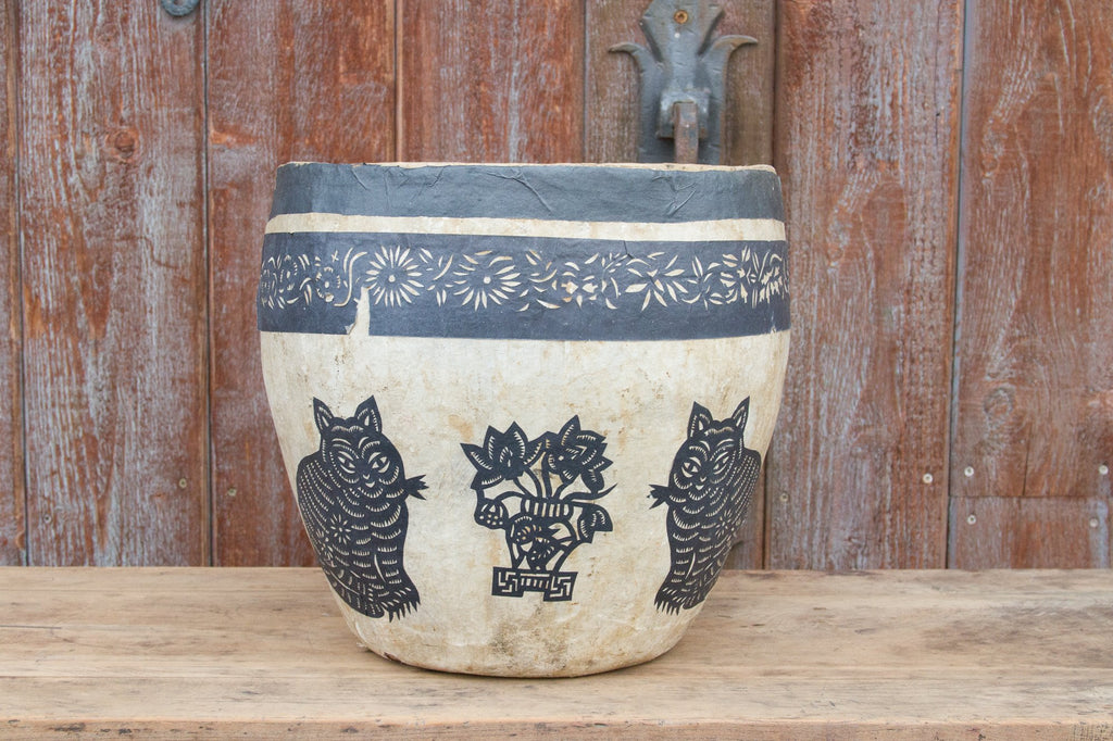 Floral and Cats Paper Mache Applique Basket
