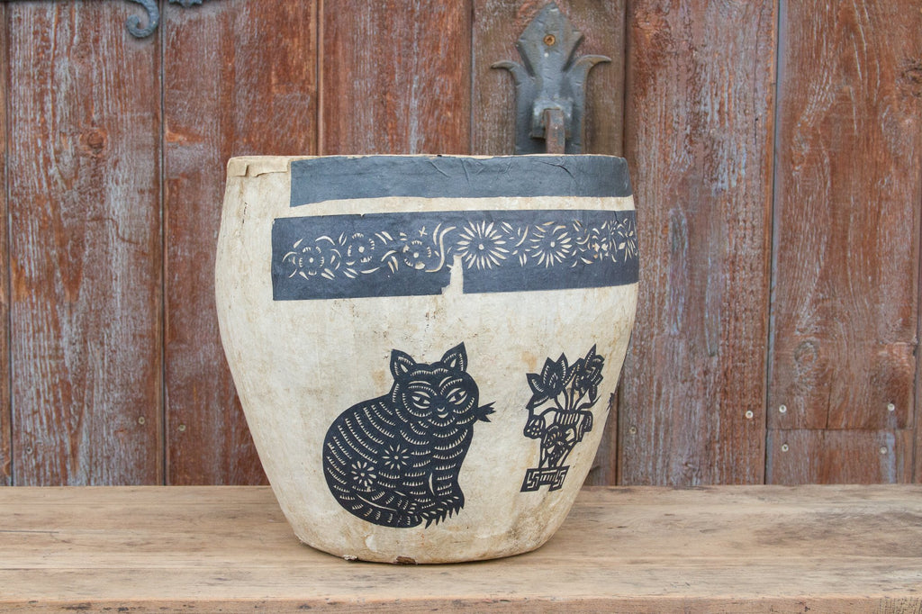 Floral and Cats Paper Mache Applique Basket
