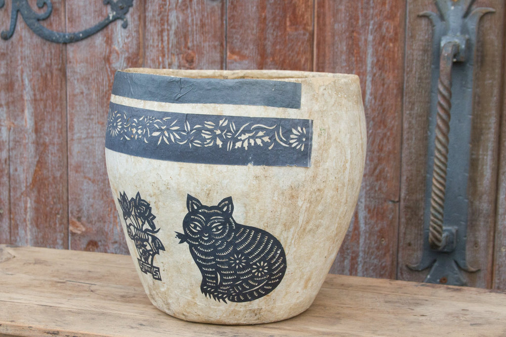 Floral and Cats Paper Mache Applique Basket
