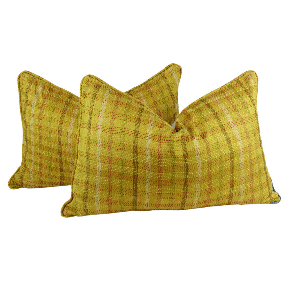 Golden Plaid Silk Kantha Pillow