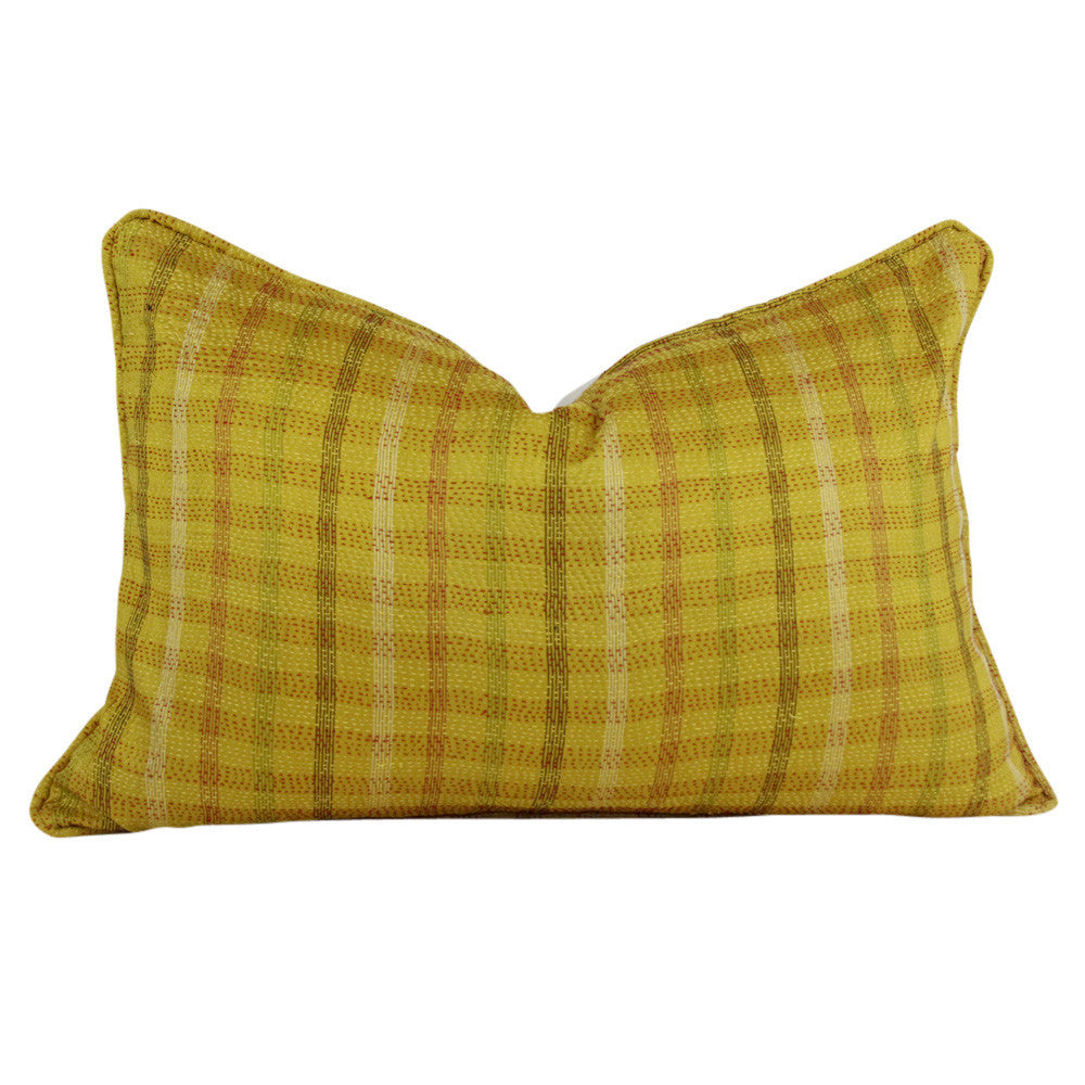 Golden Plaid Silk Kantha Pillow