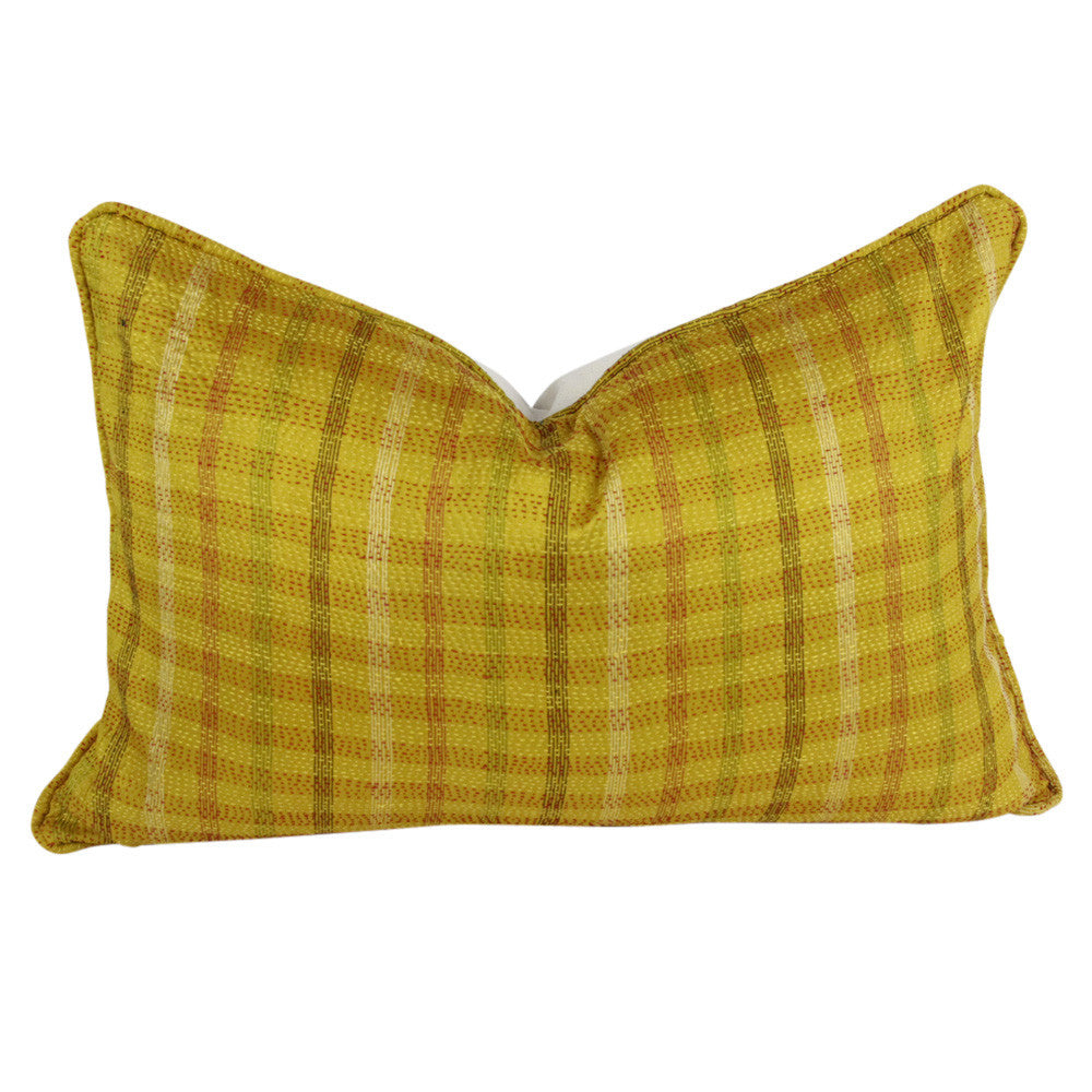 Golden Plaid Silk Kantha Pillow