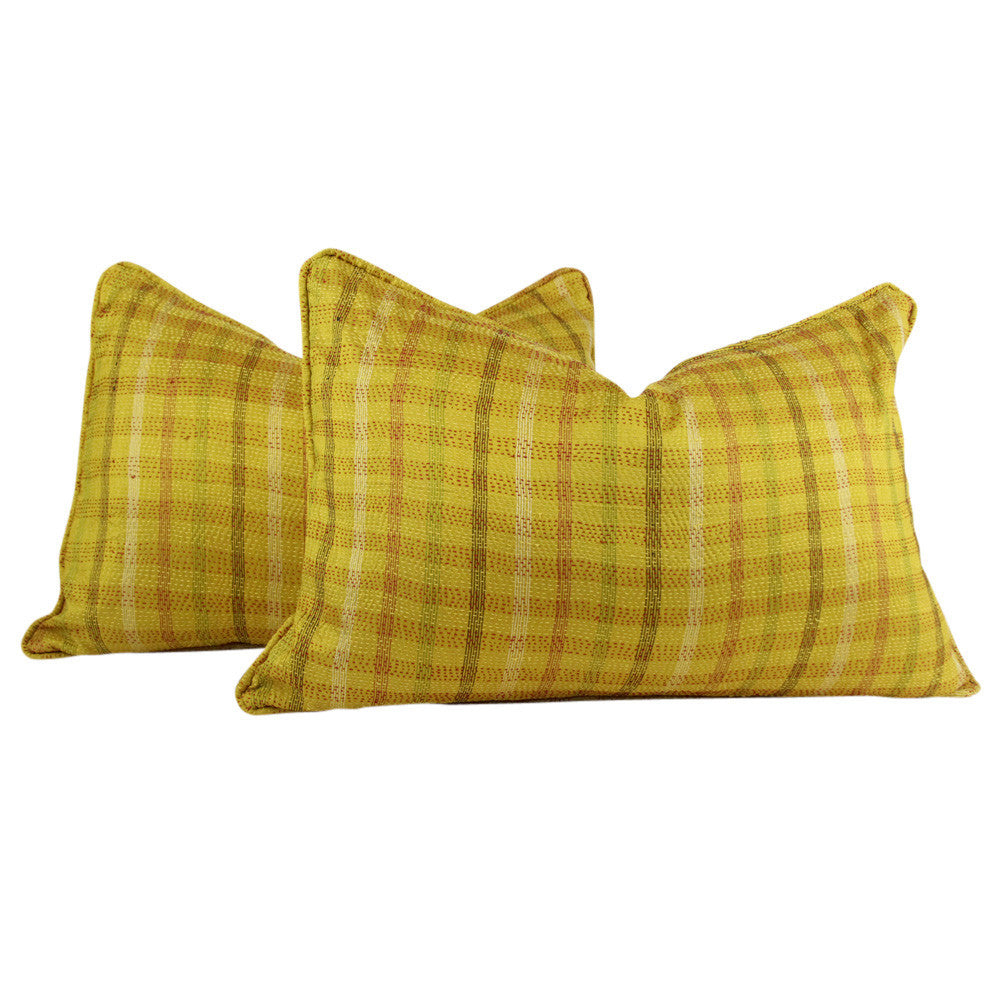 Golden Plaid Silk Kantha Pillow