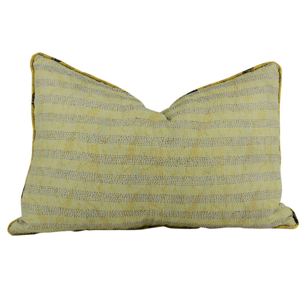 Yellow And Blue Stitched Silk Kantha Pillow I