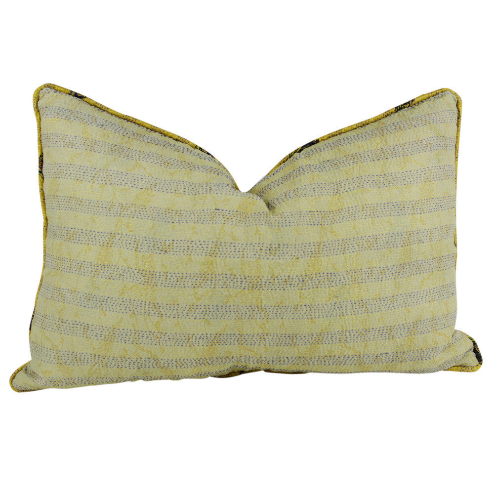 Yellow And Blue Stitched Silk Kantha Pillow I