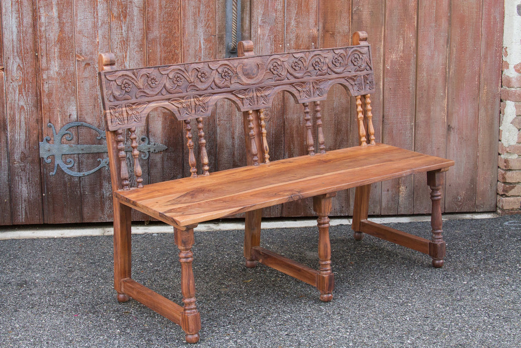 Carved Portuguese Colonial Pew Bench