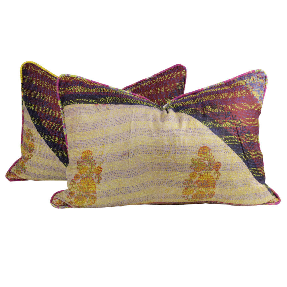 Kashmiri Flower Silk Kantha Pillow II