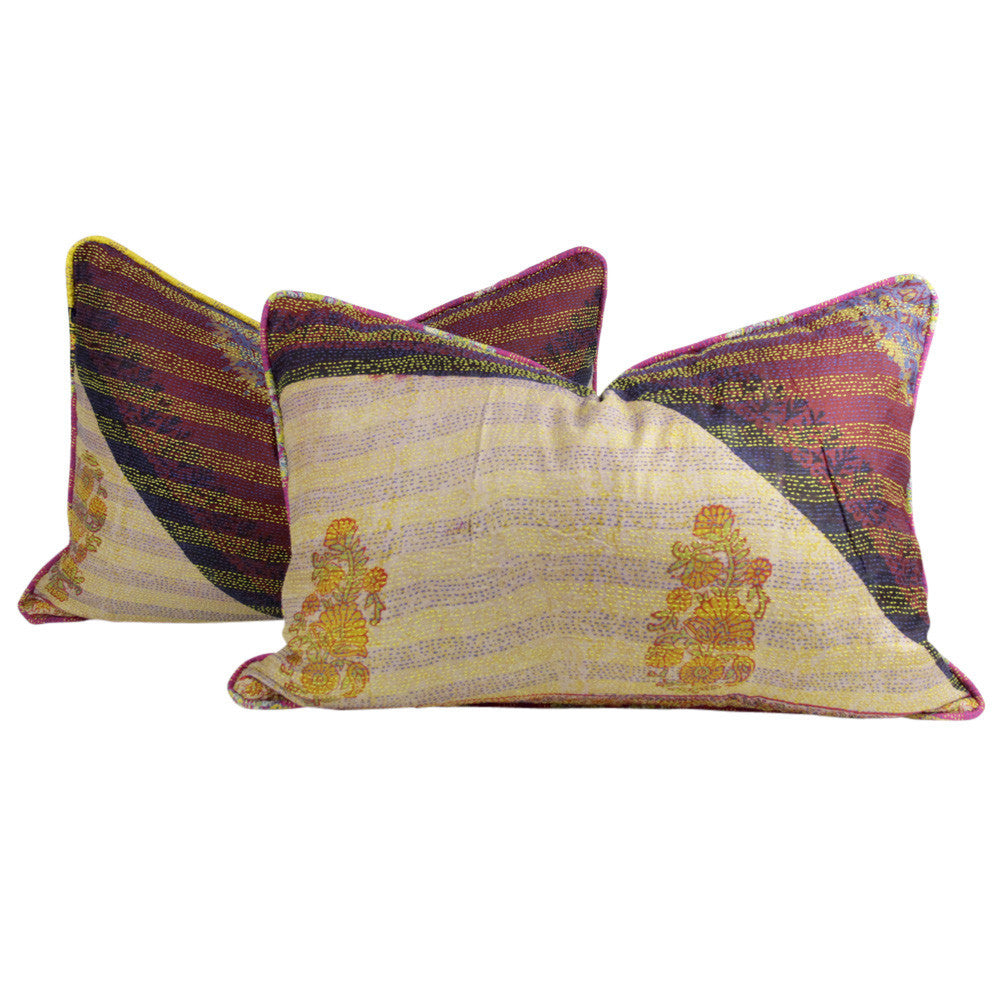 Kashmiri Flower Silk Kantha Pillow II