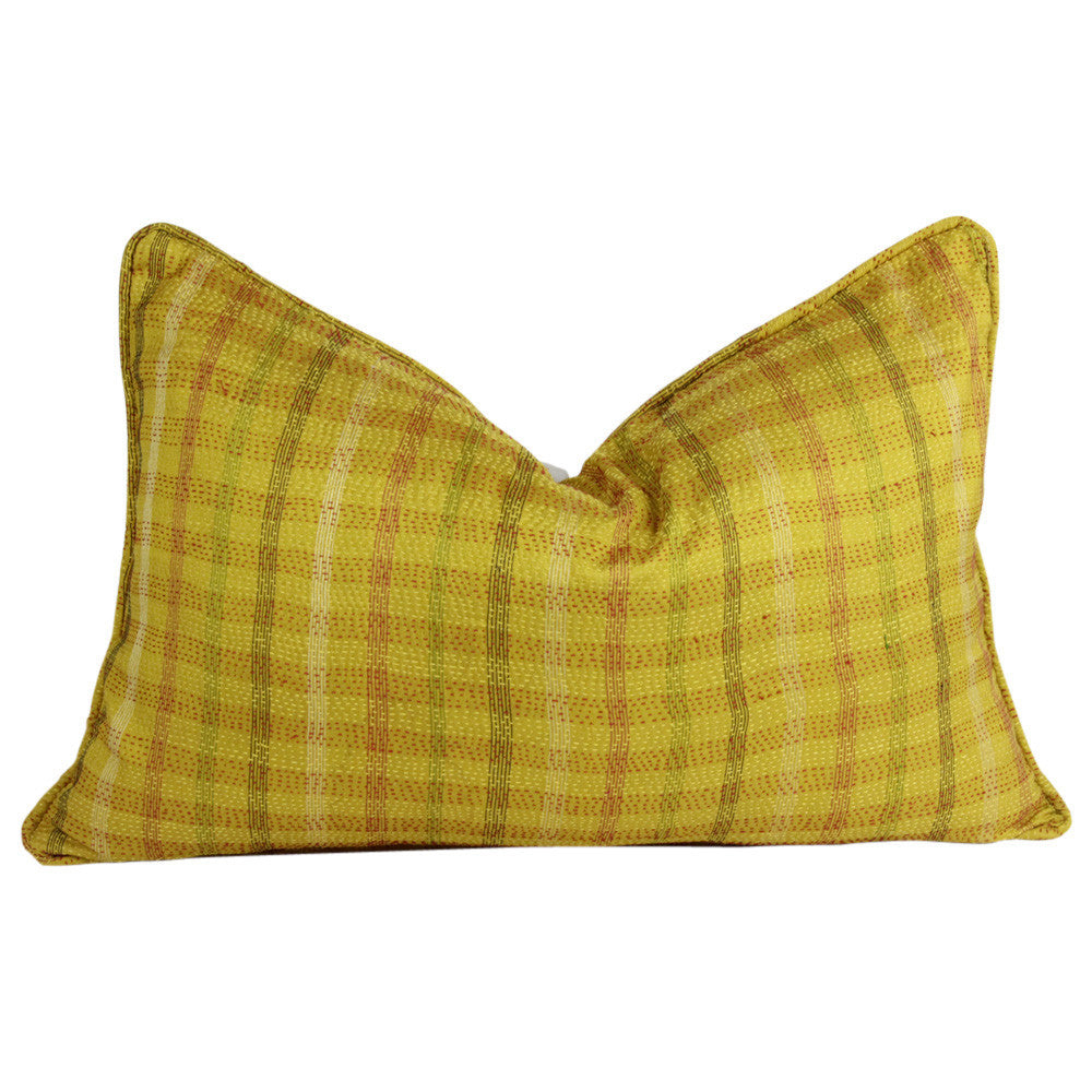Golden Plaid Silk Kantha Pillow I