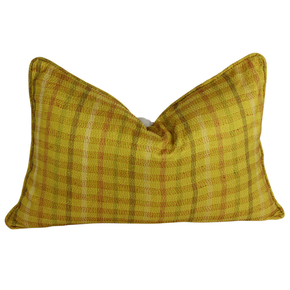 Golden Plaid Silk Kantha Pillow I