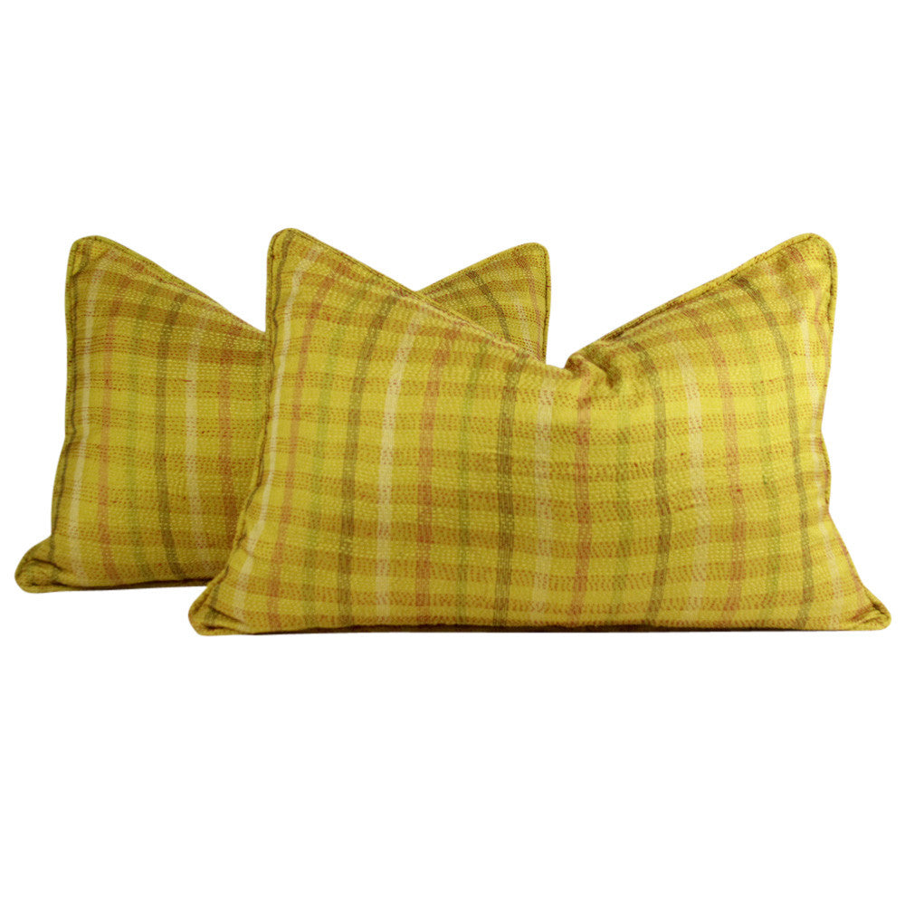 Golden Plaid Silk Kantha Pillow I