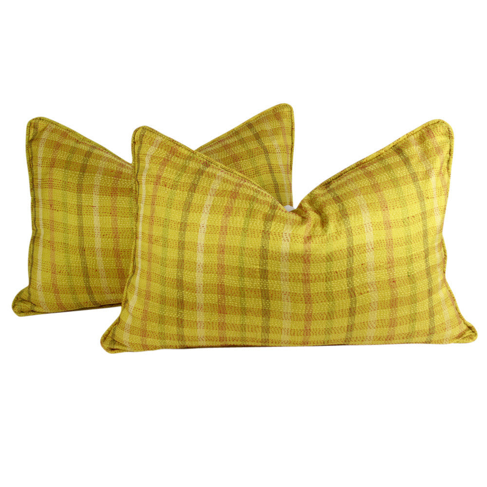 Golden Plaid Silk Kantha Pillow I