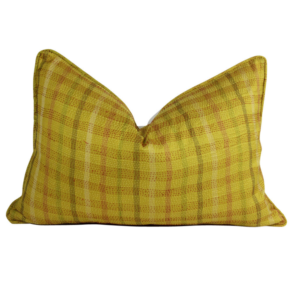 Golden Plaid Silk Kantha Pillow II