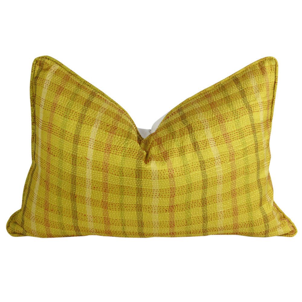 Golden Plaid Silk Kantha Pillow II