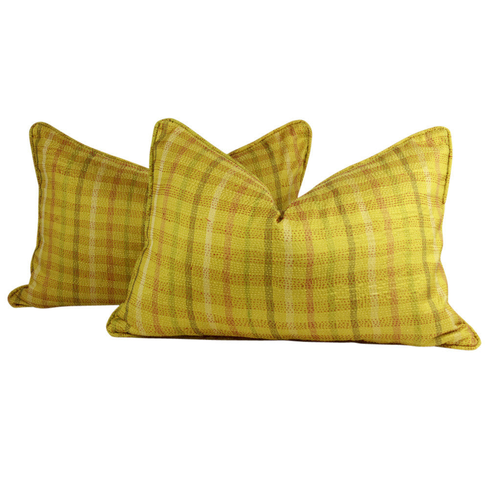 Golden Plaid Silk Kantha Pillow III