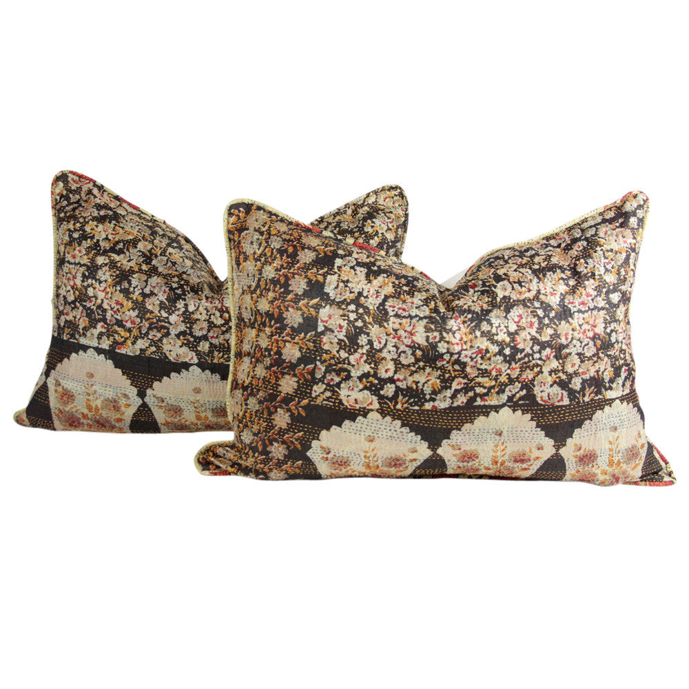 Cherry Blossom Silk Kantha Pillow II