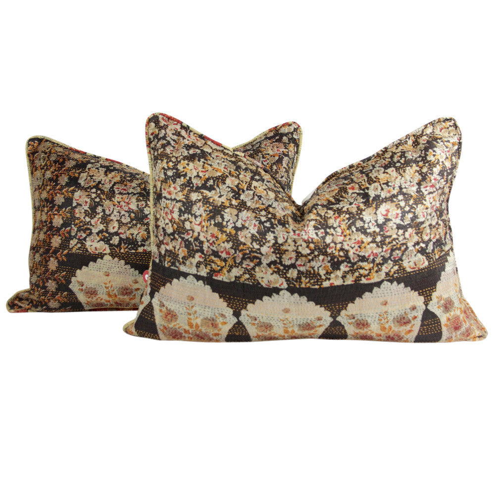 Cherry Blossom Silk Kantha Pillow I