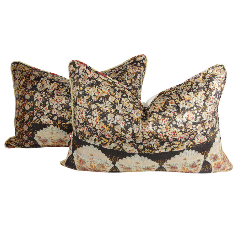 Cherry Blossom Silk Kantha Pillow I