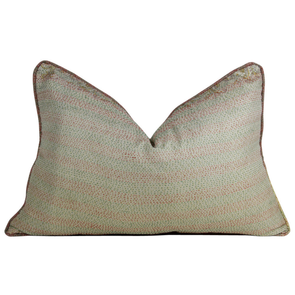 Red And Green Stitched Silk Kantha Pillow