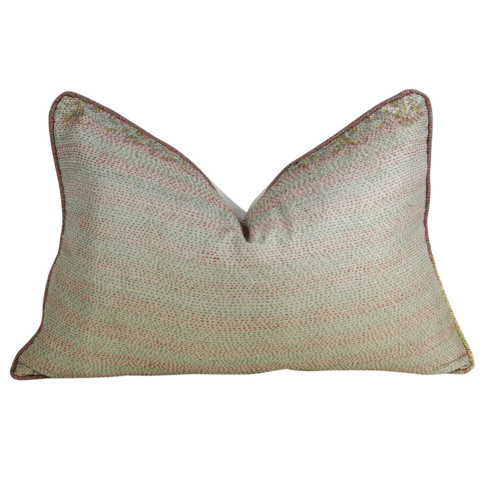 Red And Green Stitched Silk Kantha Pillow