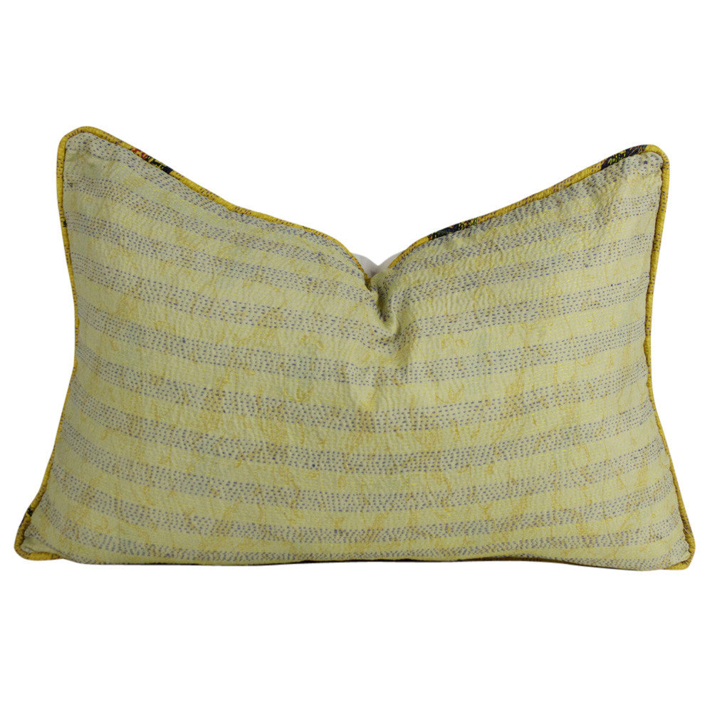 Yellow And Blue Stitched Silk Kantha Pillow