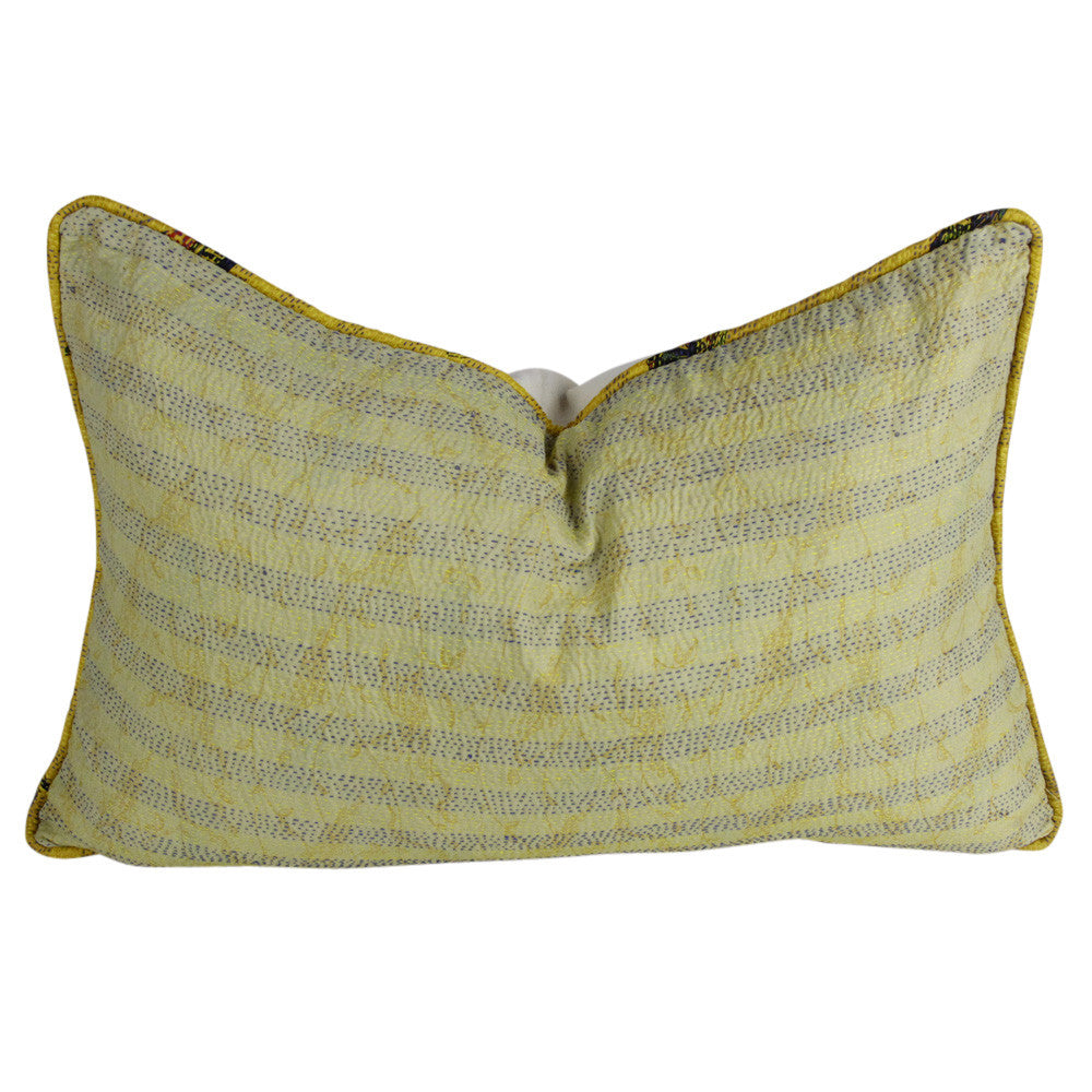 Yellow And Blue Stitched Silk Kantha Pillow