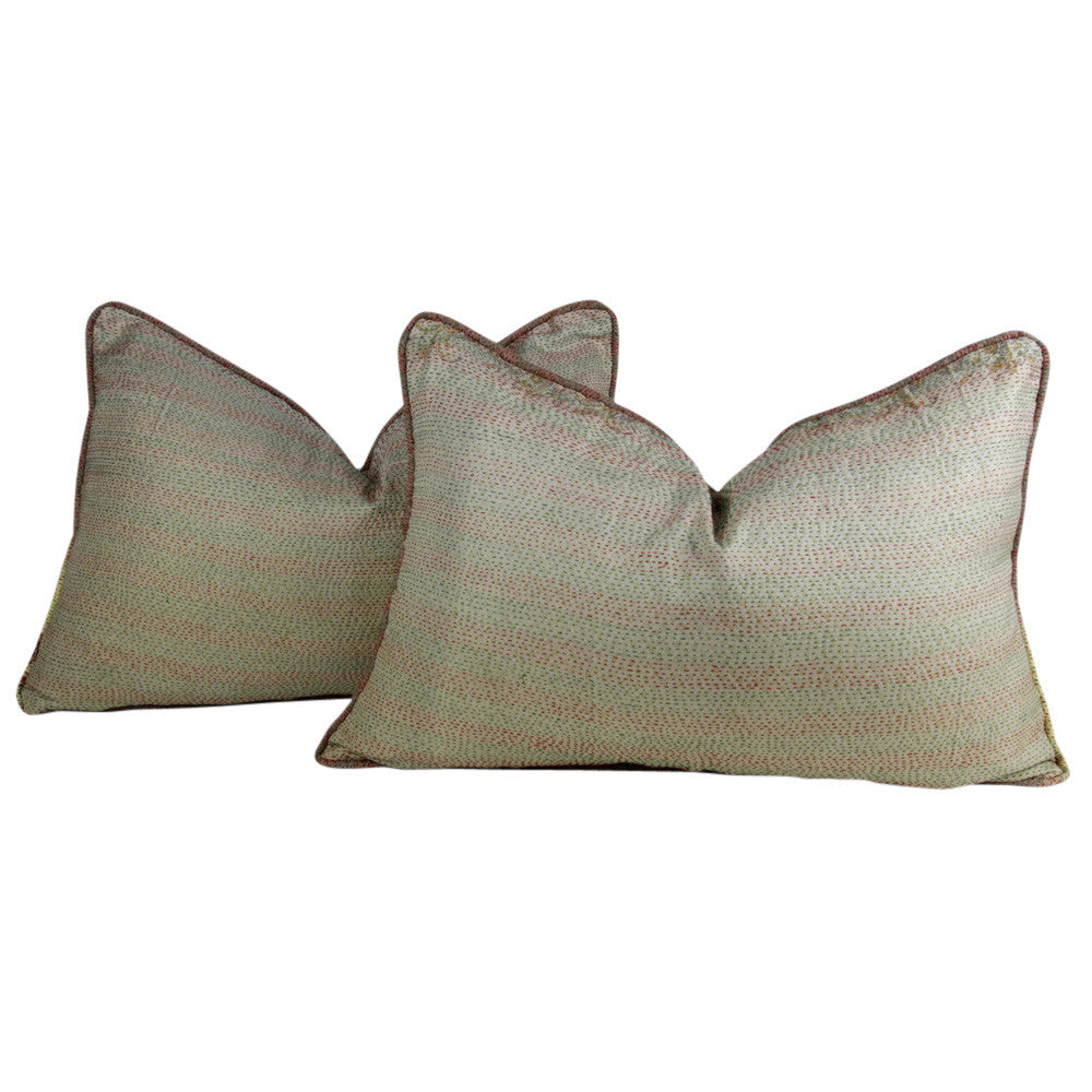 Red And Green Stitched Silk Kantha Pillow