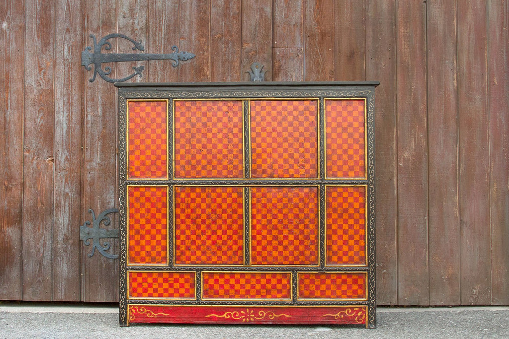 Aged Checker Motif Tibetan Cabinet