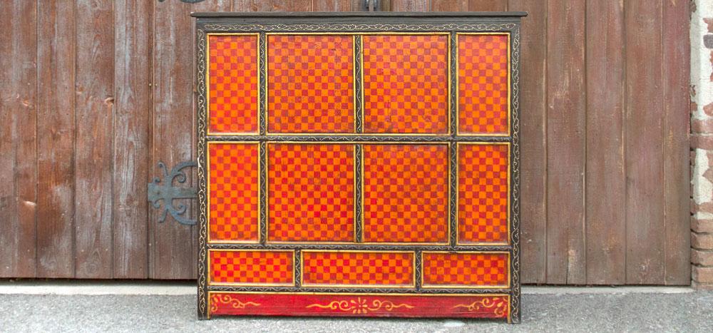 Aged Checker Motif Tibetan Cabinet
