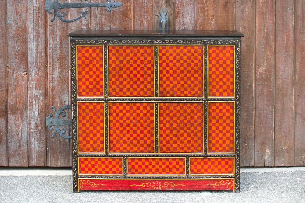 Aged Checker Motif Tibetan Cabinet