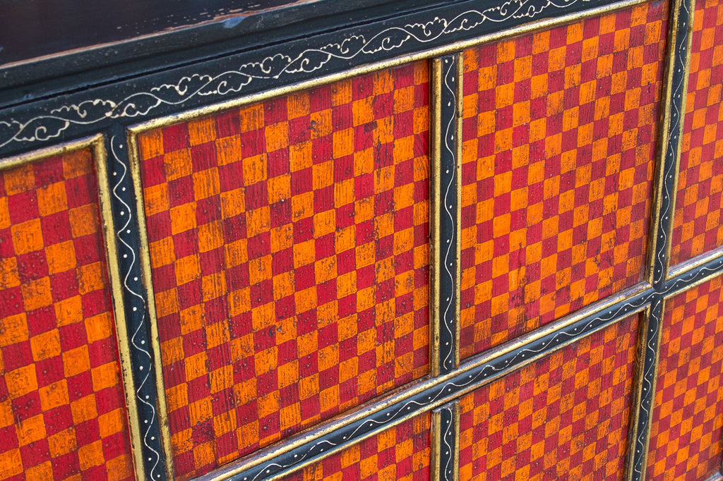 Aged Checker Motif Tibetan Cabinet