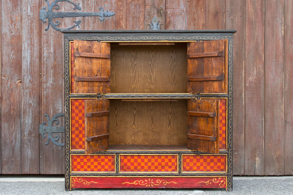 Aged Checker Motif Tibetan Cabinet