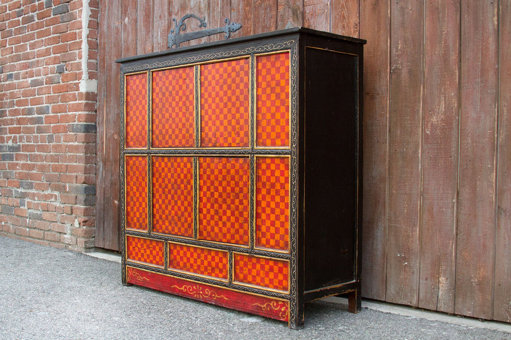Aged Checker Motif Tibetan Cabinet