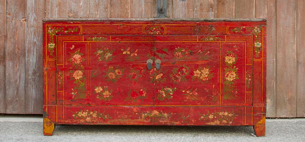 Floral Mongolian Lacquered Buffet Cabinet